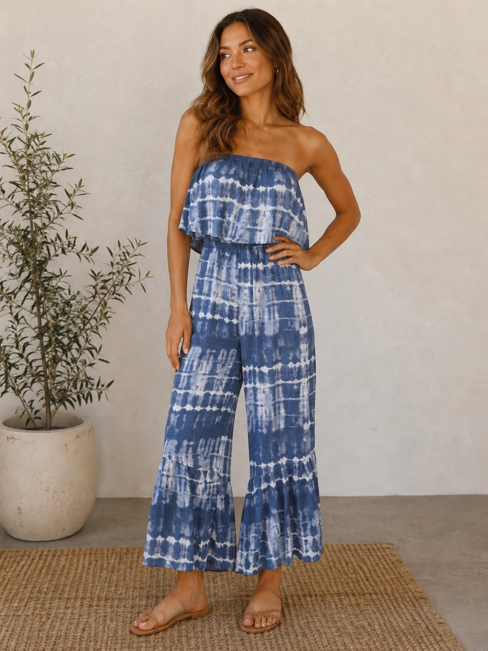 Tie-Dye Strapless Wide-Leg Jumpsuit